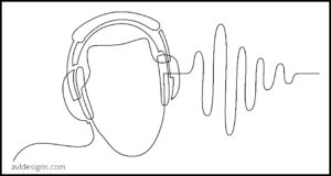 continuous line drawing of man listening music in headphones wuth sound wave